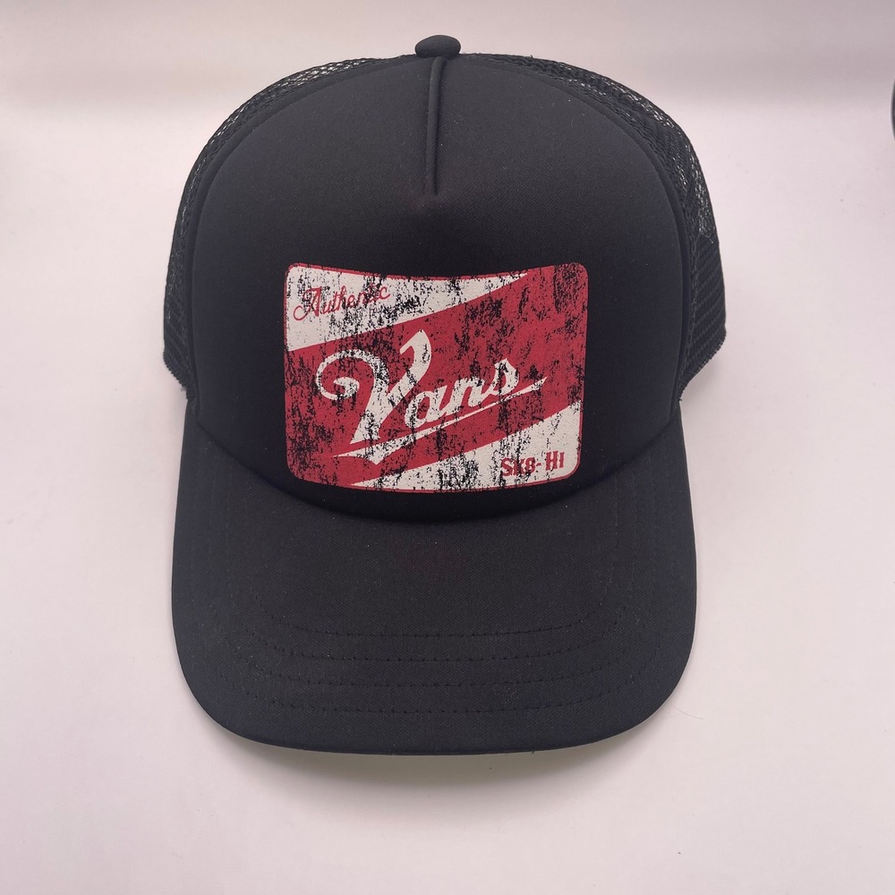 Vans Sk8-Hi Trucker Hat Black Mesh Snapback Distressed Logo Cap - Picture 2 of 5